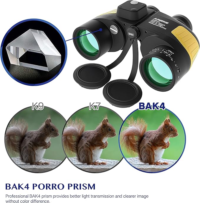 AOMEKIE Marine Binoculars for Adults 7X50 Military Waterproof Binoculars with Illuminated Rangefinder Compass BAK4 Prism IPX7 Fogproof for Boating Navigation Hunting Fishing Water Sports