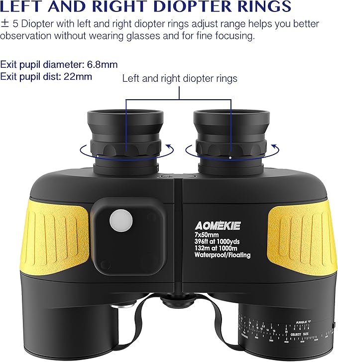 AOMEKIE Marine Binoculars for Adults 7X50 Military Waterproof Binoculars with Illuminated Rangefinder Compass BAK4 Prism IPX7 Fogproof for Boating Navigation Hunting Fishing Water Sports