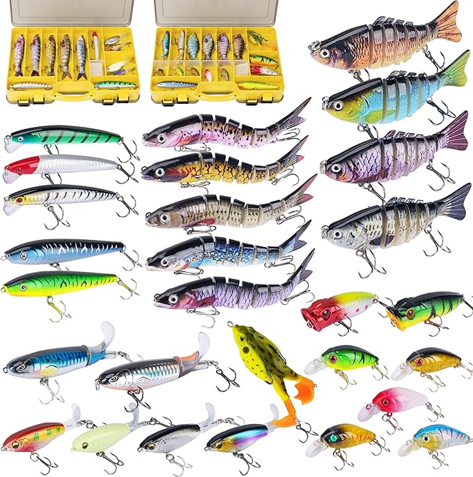THKFISH Fishing Lures Kit with Multi Jointed Swimbaits Surface Popper Crankbaits Pencil Minnow Frog, 28pcs Topwater Trout Bass Fishing Tackle Gift Set for Saltwater Freshwater