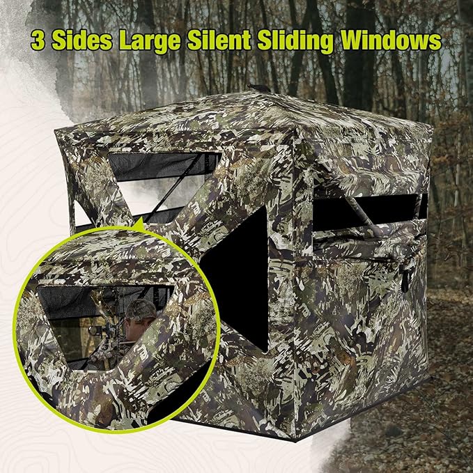 TIDEWE See Through Blind 270°with Silent Magnetic Door & Sliding Windows, 2-3 Person Pop Up Ground Blind with Carrying Bag, 300D Portable Resilient Tent(Camouflage & Veil Rush)