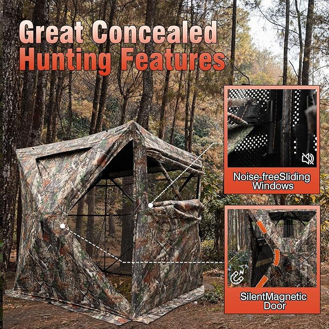 AZON Hunting Blind, Ground Blinds for Deer Hunting, 2-3 Person Pop Up See Through Blind 270 Degree, Portable Durable Blind with Silent Magnetic Door & Detachable Blackout Panel