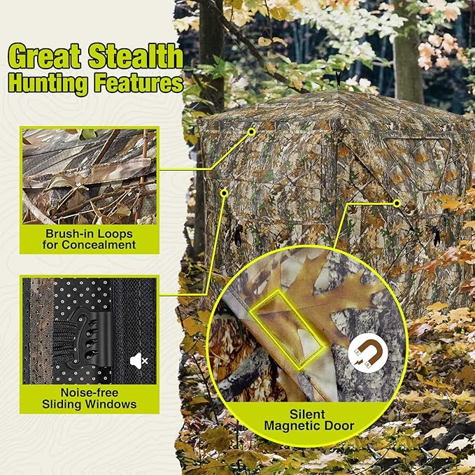 TIDEWE See Through Blind 270°with Silent Magnetic Door & Sliding Windows, 2-3 Person Pop Up Ground Blind with Carrying Bag, 300D Portable Resilient Tent(Camouflage & Veil Rush)