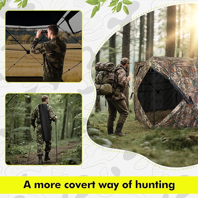 Hunting Blind 270/360 Degree See Through Ground Blind,2/3 Person Pop Up Deer Blind with Carrying Bag,Portable Resilient Hunting Tent