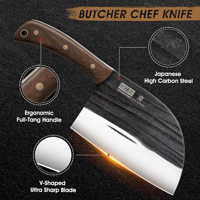 6.5 Inch Serbian Chef Knife, High Carbon Steel Meat Cleaver Knife for Meat Cutting, Handmade Forged Heavy Duty Butcher Knife with Full Tang for Home & Camping & BBQ Gift for Men