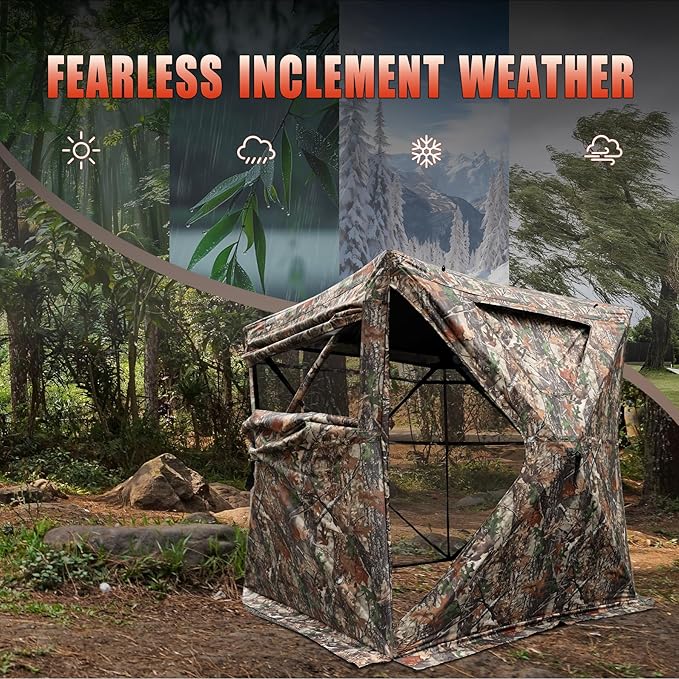 AZON Hunting Blind, Ground Blinds for Deer Hunting, 2-3 Person Pop Up See Through Blind 270 Degree, Portable Durable Blind with Silent Magnetic Door & Detachable Blackout Panel