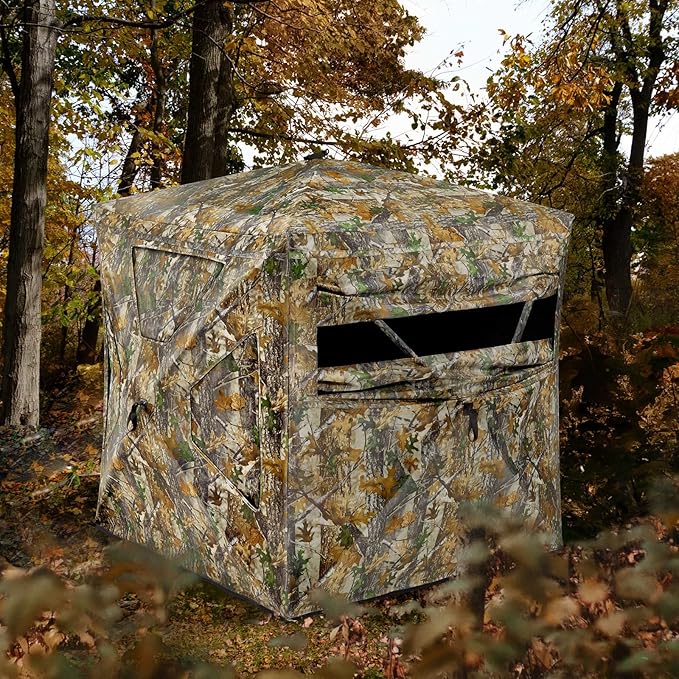 TIDEWE See Through Blind 270°with Silent Magnetic Door & Sliding Windows, 2-3 Person Pop Up Ground Blind with Carrying Bag, 300D Portable Resilient Tent(Camouflage & Veil Rush)