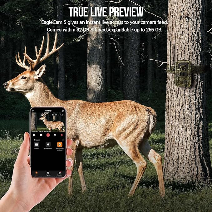 4G Cellular Trail Camera 2K Audible Video 0.3s Trigger 940nm No Glow IR Night Vision Hunting Essentials IP66 Instant Use with 32 GB Memory 13,000 mAh Battery Solar Panel Anti-Theft Tech