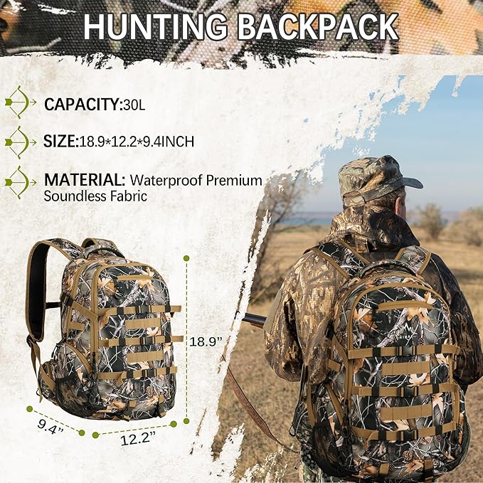 600D Waterproof Hunting Backpack for Men, 30L Camo Hunting Pack with Bow Holder