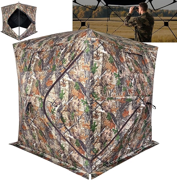 Hunting Blind 270/360 Degree See Through Ground Blind,2/3 Person Pop Up Deer Blind with Carrying Bag,Portable Resilient Hunting Tent