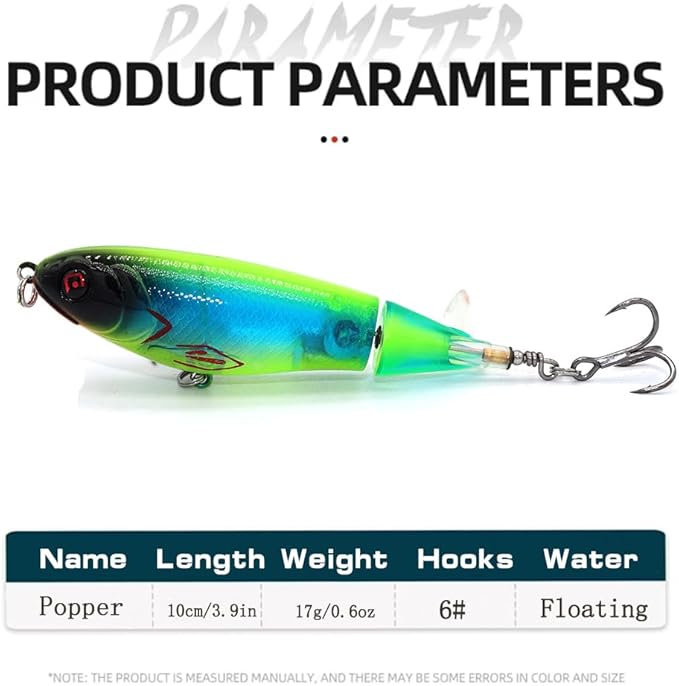 5PCS Topwater Fishing Lures for Bass Fishing with Storage Box, Whopper Popper Fishing Lure for Bass Catfish Pike Perch, Floating Pencil Bass Bait with Rotating Tail Freshwater