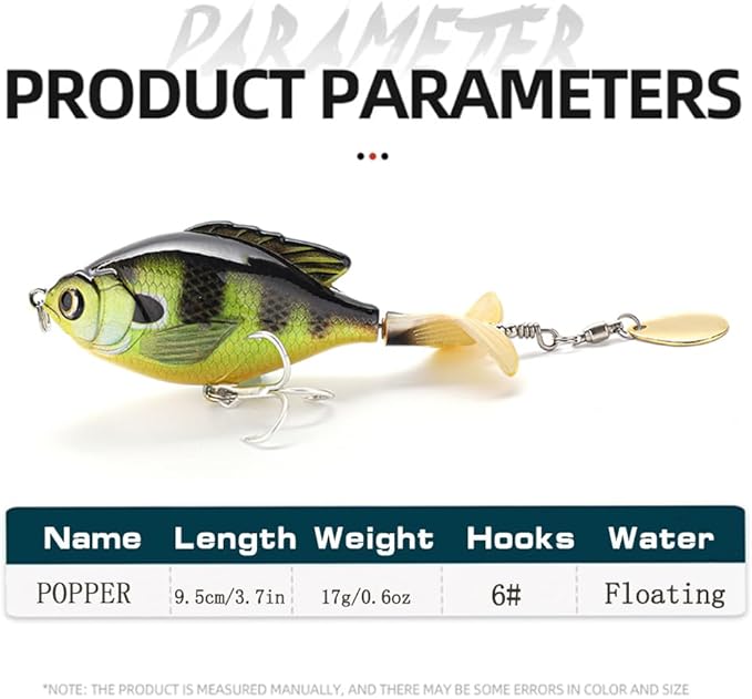 5PCS Topwater Fishing Lures for Bass Fishing with Storage Box, Whopper Popper Fishing Lure for Bass Catfish Pike Perch, Floating Pencil Bass Bait with Rotating Tail Freshwater