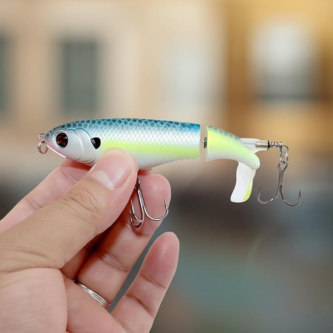 5PCS Topwater Fishing Lures for Bass Fishing with Storage Box, Whopper Popper Fishing Lure for Bass Catfish Pike Perch, Floating Pencil Bass Bait with Rotating Tail Freshwater