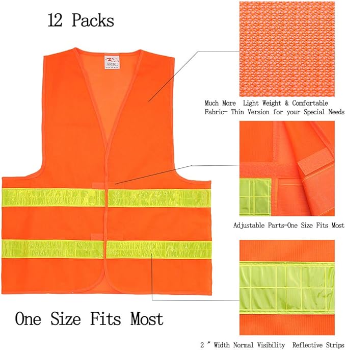zojo Normal Visibility Safety Vests,12 Pack,Adjustable Size,Thin & Lightweight Mesh Fabric, Wholesale Safety Vest for Outdoor Works, Fits for Men Neon Orange Updated