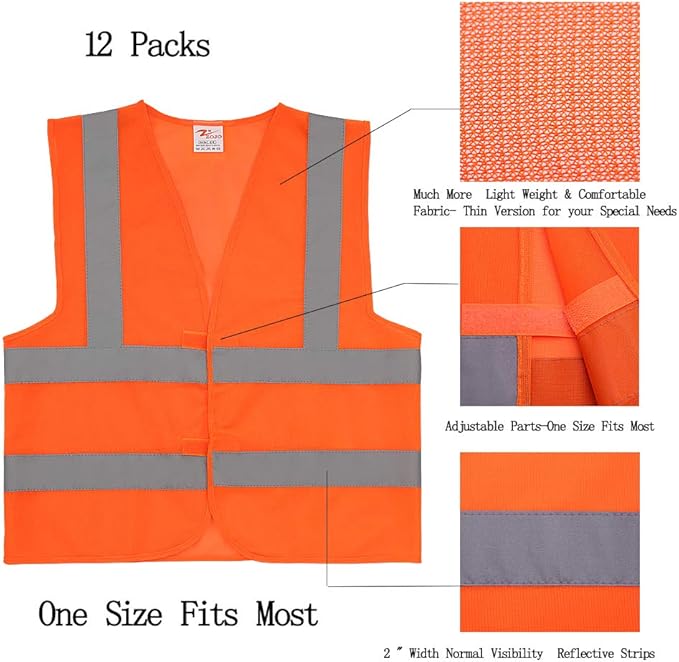 zojo Normal Visibility Reflective Vests,12PCS, Adjustable Size,Thin Safety Vest for Outdoor Works, (Neon Orange Thin Version)
