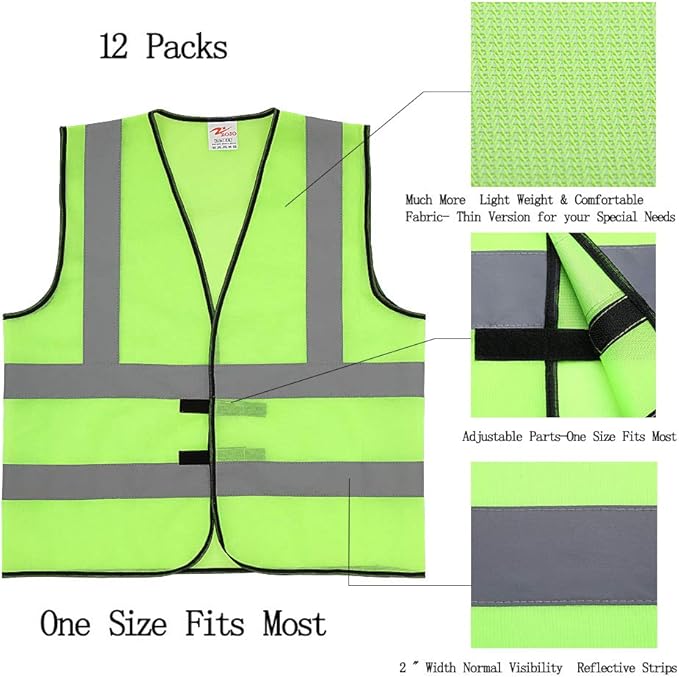 zojo Normal Visibility Safety Vests, 12 Packs,Adjustable Size,Thin & Lightweight Fabric, Wholesale Safety Vest for Outdoor Works, Cycling, Jogging, Walking,Sports (Neon Yellow Thin Version)