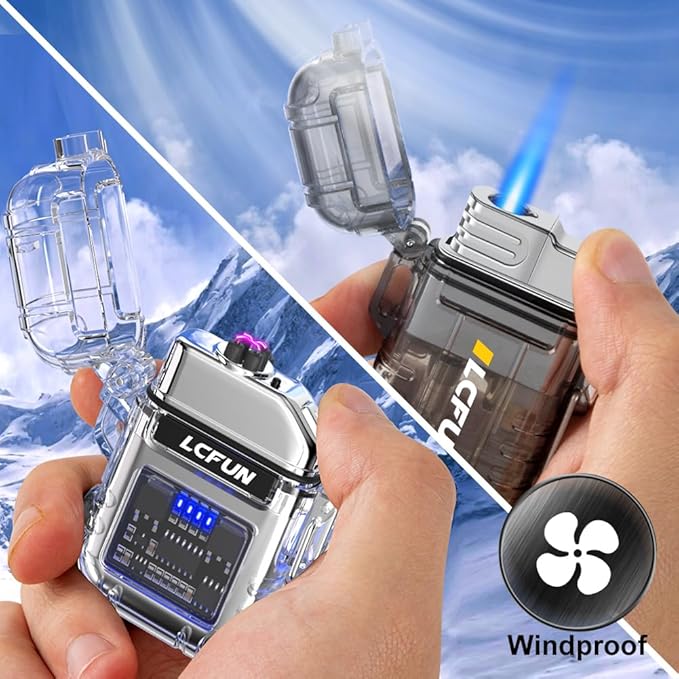 LcFun 2 Pack Waterproof Windproof Torch Lighter Butane Refillable, Electric Dual Arc Plasma Lighter with COB Flashlight and Whistle, Tactical Survival Gear Gadgets for Men for Camping