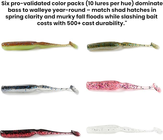 6-Color Paddle Tail Swimbaits 2.75" 1/10oz T-Tail Soft Plastic Lures - Dual-Tone Lifelike Design, High Elasticity, Durable for Bass,Crappie Fishing (60 Pack)