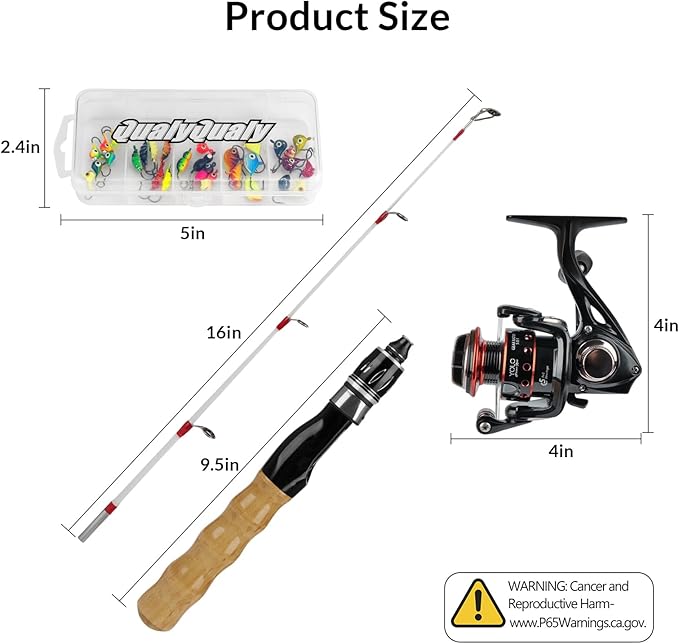 QualyQualy Ice Fishing Rod Reel Combo Complete Set Ice Fishing Gear with Backpack Seat Ice Cleats Ice Fishing Jigs Line Full Ice Fishing Kit 24" 26"