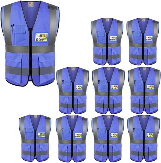 zojo High Visibility Safety Vests With Pockets, Wholesale Reflective Vest for Outdoor Works, Cycling, Jogging, Walking,Sports - Fits for Men and Women (Pack of 10, XL-Blue)