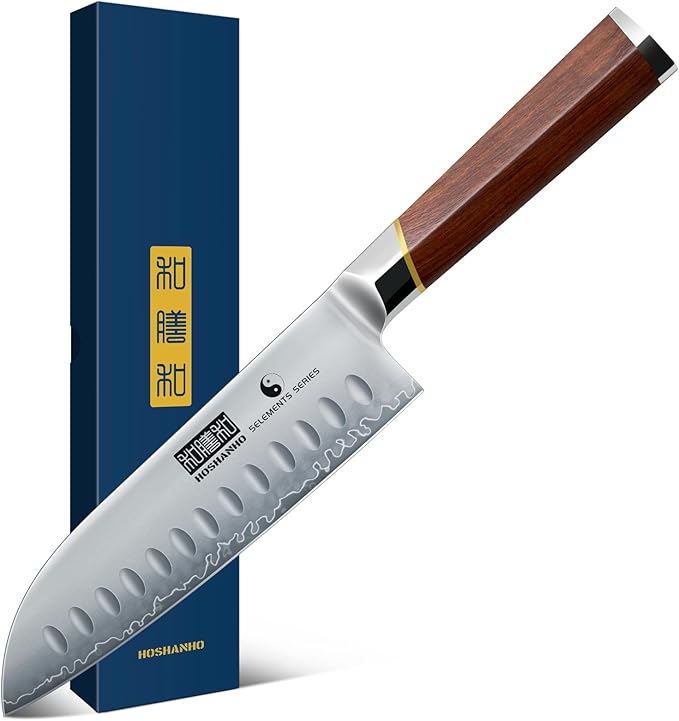 7 Inch Santoku Knife，Professional Japanese High Carbon Steel Chef Knife, Razor Sharp Kitchen Knife with Ergonomic Red Sandal Wooden Handle - Gift Box