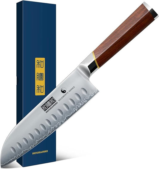 7 Inch Santoku Knife，Professional Japanese High Carbon Steel Chef Knife, Razor Sharp Kitchen Knife with Ergonomic Red Sandal Wooden Handle - Gift Box
