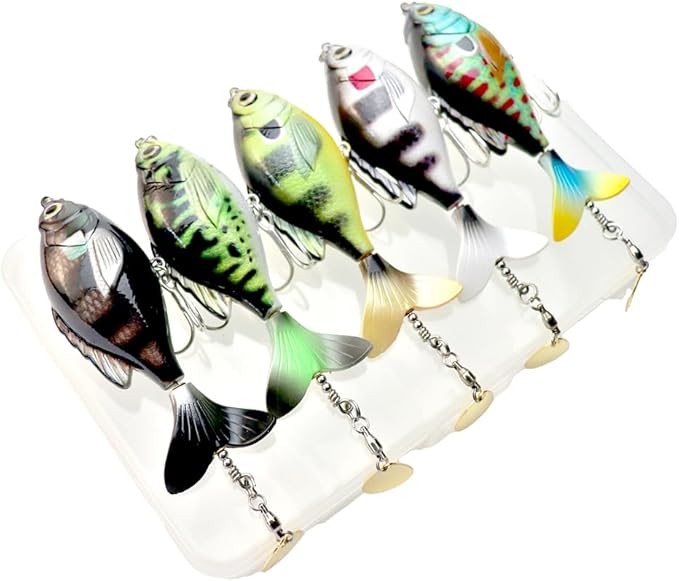 5PCS Topwater Fishing Lures for Bass Fishing with Storage Box, Whopper Popper Fishing Lure for Bass Catfish Pike Perch, Floating Pencil Bass Bait with Rotating Tail Freshwater