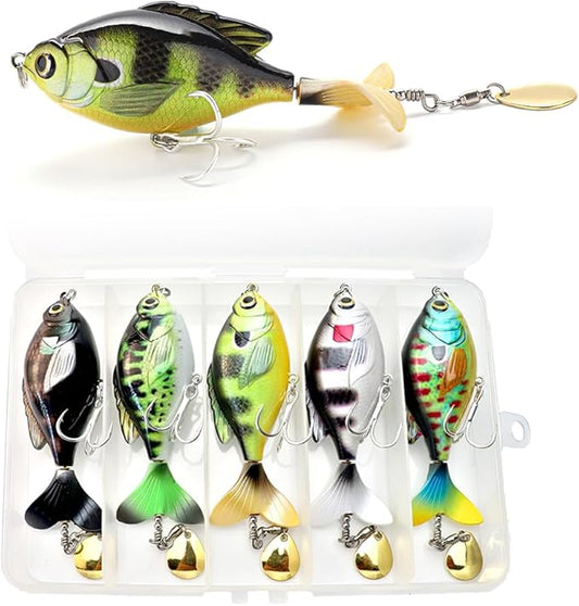 5PCS Topwater Fishing Lures for Bass Fishing with Storage Box, Whopper Popper Fishing Lure for Bass Catfish Pike Perch, Floating Pencil Bass Bait with Rotating Tail Freshwater