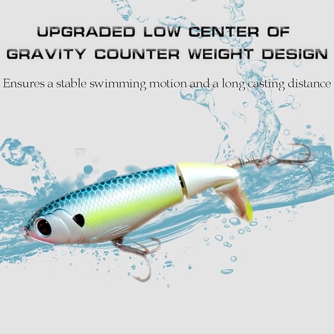 5PCS Topwater Fishing Lures for Bass Fishing with Storage Box, Whopper Popper Fishing Lure for Bass Catfish Pike Perch, Floating Pencil Bass Bait with Rotating Tail Freshwater