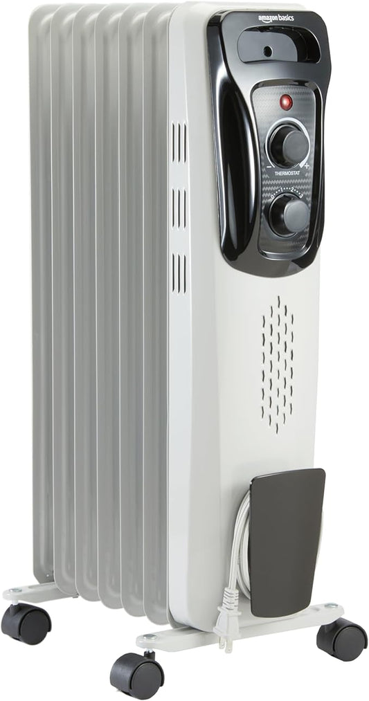 Amazon Basics Portable Oil Radiator Heater for Indoor Use, 3 Heat Settings, Over-Heat Protection, ETL-certified Safety, 7 Oil-Filled Steel Fins, 1500W, 11"D x 14.8"W x 25.2"H, White