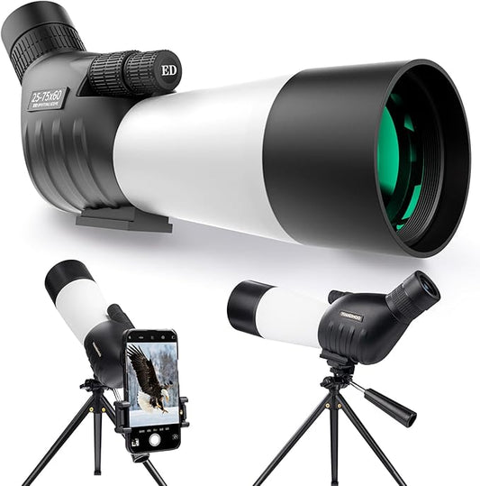 25-75x60 Spotting Scopes for Target Shooting Spotter Scope Hunting Bird Watching 45 Degree Angled with Tripod Carrying Bag Smartphone Adapter White