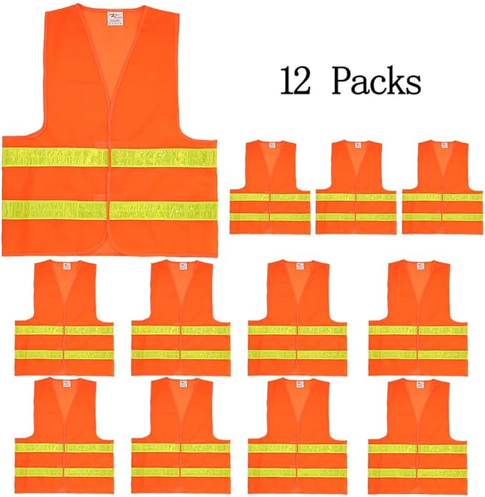 zojo Normal Visibility Safety Vests,12 Pack,Adjustable Size,Thin & Lightweight Mesh Fabric, Wholesale Safety Vest for Outdoor Works, Fits for Men Neon Orange Updated