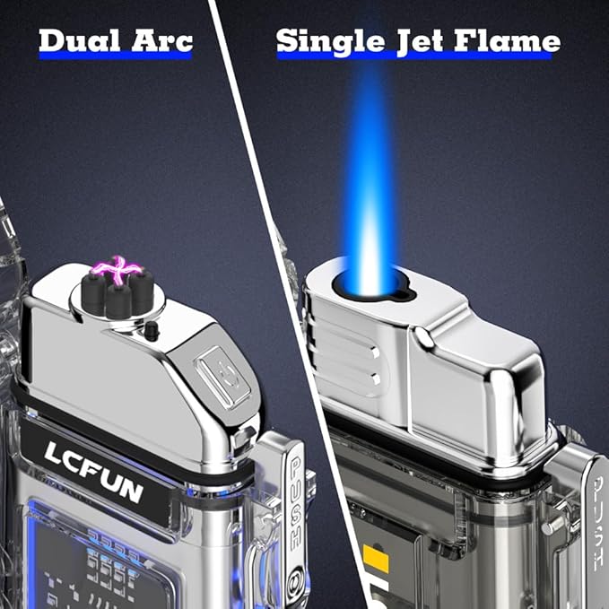 LcFun 2 Pack Waterproof Windproof Torch Lighter Butane Refillable, Electric Dual Arc Plasma Lighter with COB Flashlight and Whistle, Tactical Survival Gear Gadgets for Men for Camping