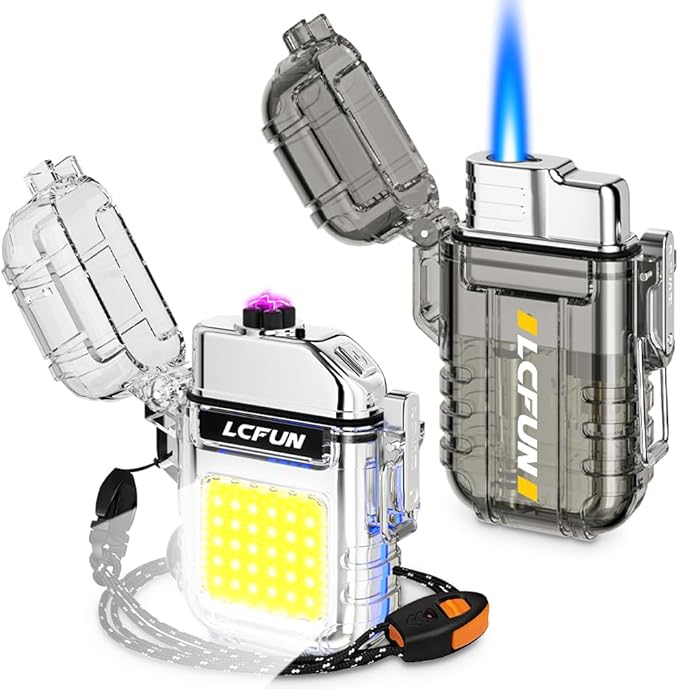 LcFun 2 Pack Waterproof Windproof Torch Lighter Butane Refillable, Electric Dual Arc Plasma Lighter with COB Flashlight and Whistle, Tactical Survival Gear Gadgets for Men for Camping