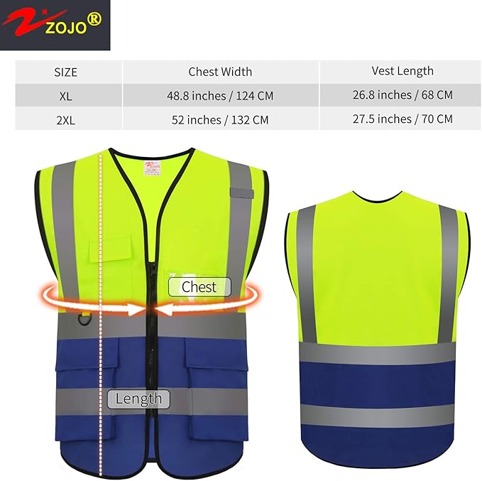 zojo High Visibility Safety Vests With Pockets,Pack of 10,Wholesale Reflective Vest for Outdoor Works, Cycling, Jogging, Walking,Sports - Fits for Men and Women(XL-Mix Yellow & Blue)