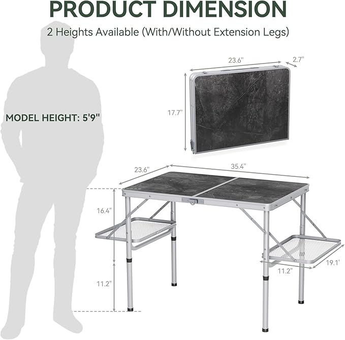 Titanker Folding Camping Table 3ft, Folding Picnic Table, Camp Tables Portable Foldable, 50% Extra Side Space, Outdoor Patio Table, Camping Essentials, Aluminum Light Solid, Silver