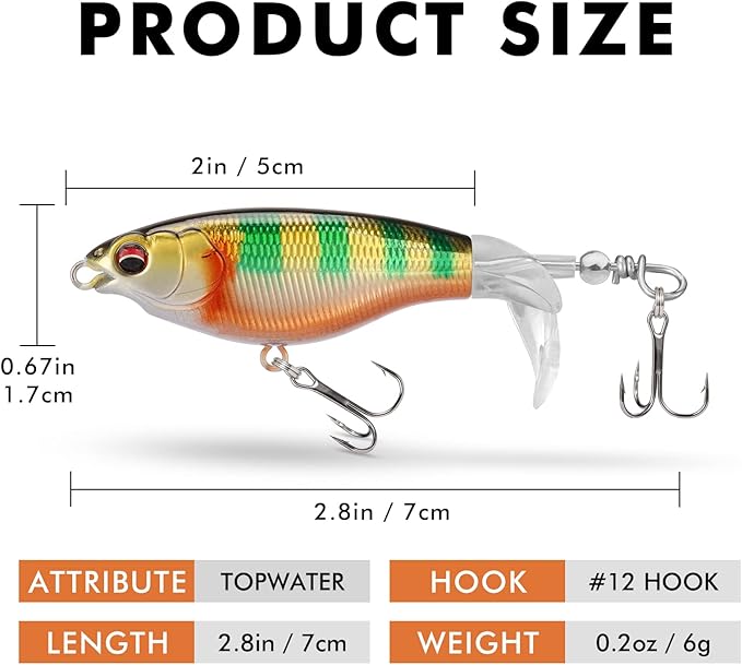 TRUSCEND PoPobait with BKK Hooks, Top Water Plopper Fishing Lures for Bass Walleye Pike Catfish Musky Perch, Floating Lure for Freshwater or Saltwater, Amazing Teasers Fishing Gifts for Family Fishing