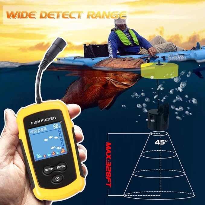 Atibin Handheld Kayak Fish Depth Finder Portable Transducer Fish Finder Sonar Boat Dock Fish Finders Display Water Fishing Yellow
