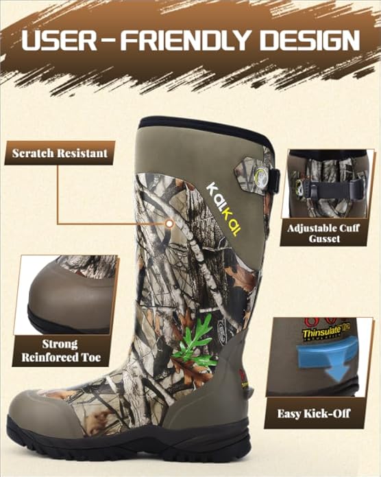 Kalkal Hunting Boots for Men with 800g Insulation, Waterproof Men's Insulated hunting boots with 7mm Neoprene, Sturdy Warm Rubber Boots for Outdoor Hunting Boots for Men (Size 6-14)