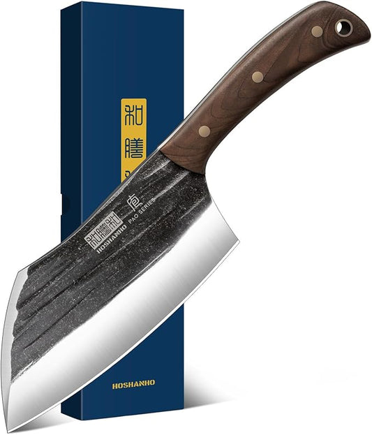 6 Inch Cleaver Knife, Hand Forged Vegetable Meat Cleaver, Full Tang Chopper Butcher Knife for Meat Cutting for Kitchen, Outdoor Cooking, Camping
