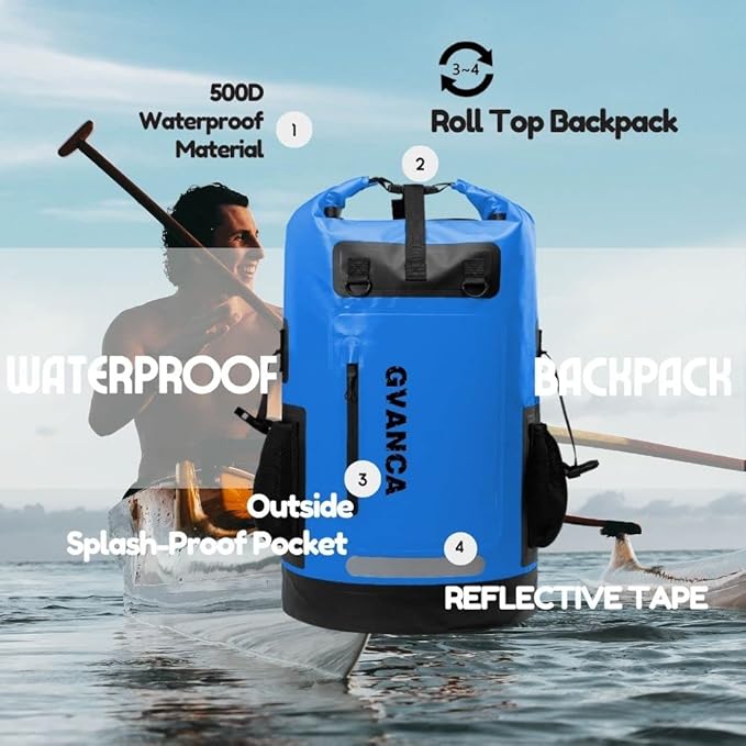 Waterproof Roll Top Kayak Dry Backpack, Floating Outdoor Dry Sack Boating Sailing Canoeing Rafting Fishing Camping 55L Blue