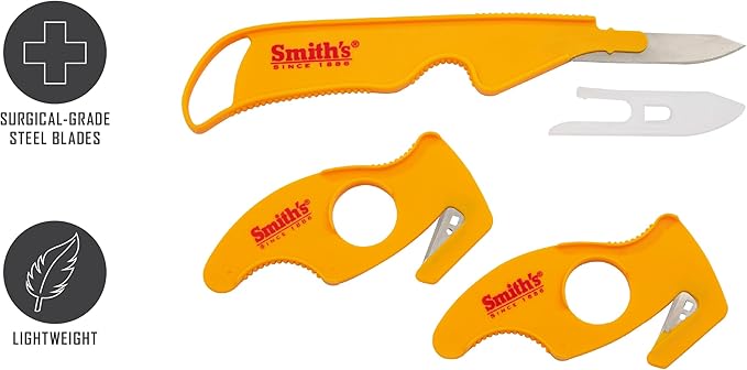 Smith's 51397 Field Dressing Combo Kit – Skinning Knife – 2x Gut Hooks – Surgical-Grade Steel Blade – Plastic Blade Cover – Disposable Cleaning Knives – Deet Hunting Knives – Lightweight, Yellow