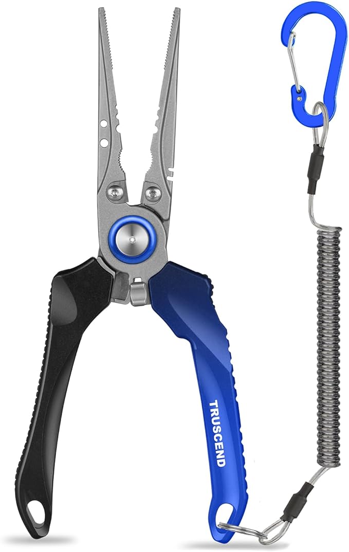 TRUSCEND Lockable Handy Fishing Pliers with Innovative Ergonomic Handle, Saltwater Corrosion Resistant Teflon Coated Fishing Tool, Multi-Function Fishing Gear with Mo-V Cutter, Amazing Fishing Gift