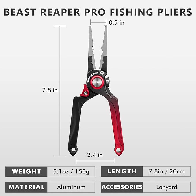 TRUSCEND Lockable Handy Fishing Pliers with Innovative Ergonomical Handle, Corrosion Saltwater Resistant Teflon Coated Fishing Tool, Multi-Function Fishing Gear with Mo-V Cutter, Fishing Gifts for Men