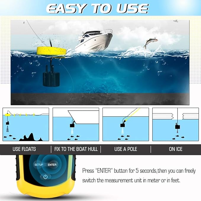 Atibin Handheld Kayak Fish Depth Finder Portable Transducer Fish Finder Sonar Boat Dock Fish Finders Display Water Fishing Yellow