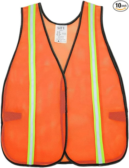 SIFE 10 Pack High Visibility Reflective Safety Vest,Made from Breathable and Neon Orange Mesh Fabric with Stretchable design,light weight for Man and Woman(Orange, 10 pack)