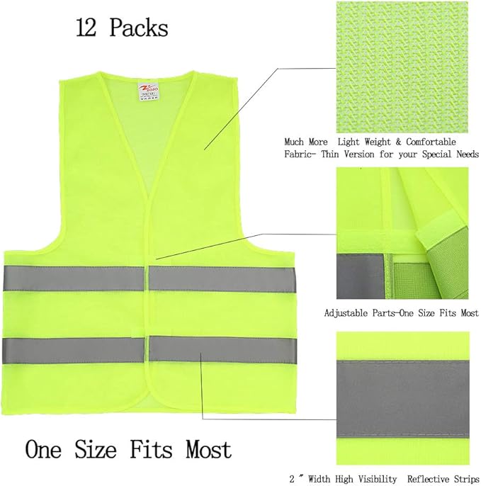 zojo Normal Visibility Safety Vests,12 Pack,Adjustable Size, Thin & Lightweight Mesh Fabric, Wholesale Safety Vest for Outdoor Works, Fits for Men and Women -Neon Yellow
