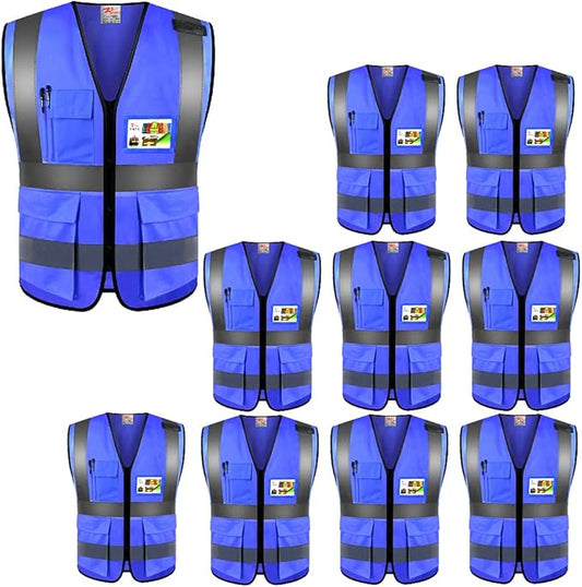 zojo High Visibility Safety Vests With Pockets, for Outdoor Works, Cycling, Jogging, Walking,Sports - Fits for Men and Women (Pack of 10, XXXL-Blue)