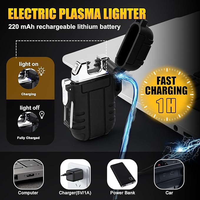 LcFun 2 Pack Outdoor Lighter Waterproof, Windproof Electric USB Rechargeable Dual Arc Plasma Lighter, Refillable Butane Torch Lighters, Survival Tactical Gear Gadgets for Men for Camping, Hiking