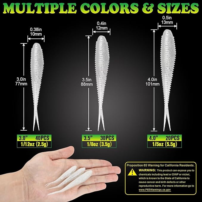 LUCKYFISHING Soft Plastic Baits 20PCS/30PCS/40PCS Forked Tail Fishing Soft Bait for Bass Walleye Trout Crappie Lures 3in/3.5in/4in