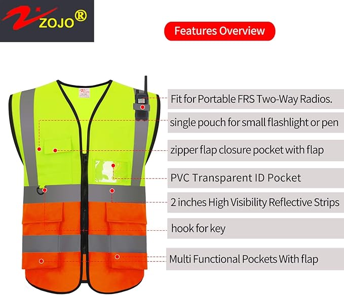 zojo High Visibility Safety Vests With Pockets, Pack of 10，Wholesale Reflective Vest for Outdoor Works, Cycling, Jogging, Walking,Sports - Fits for Men and Women (XL-Mix Yellow & Orange)